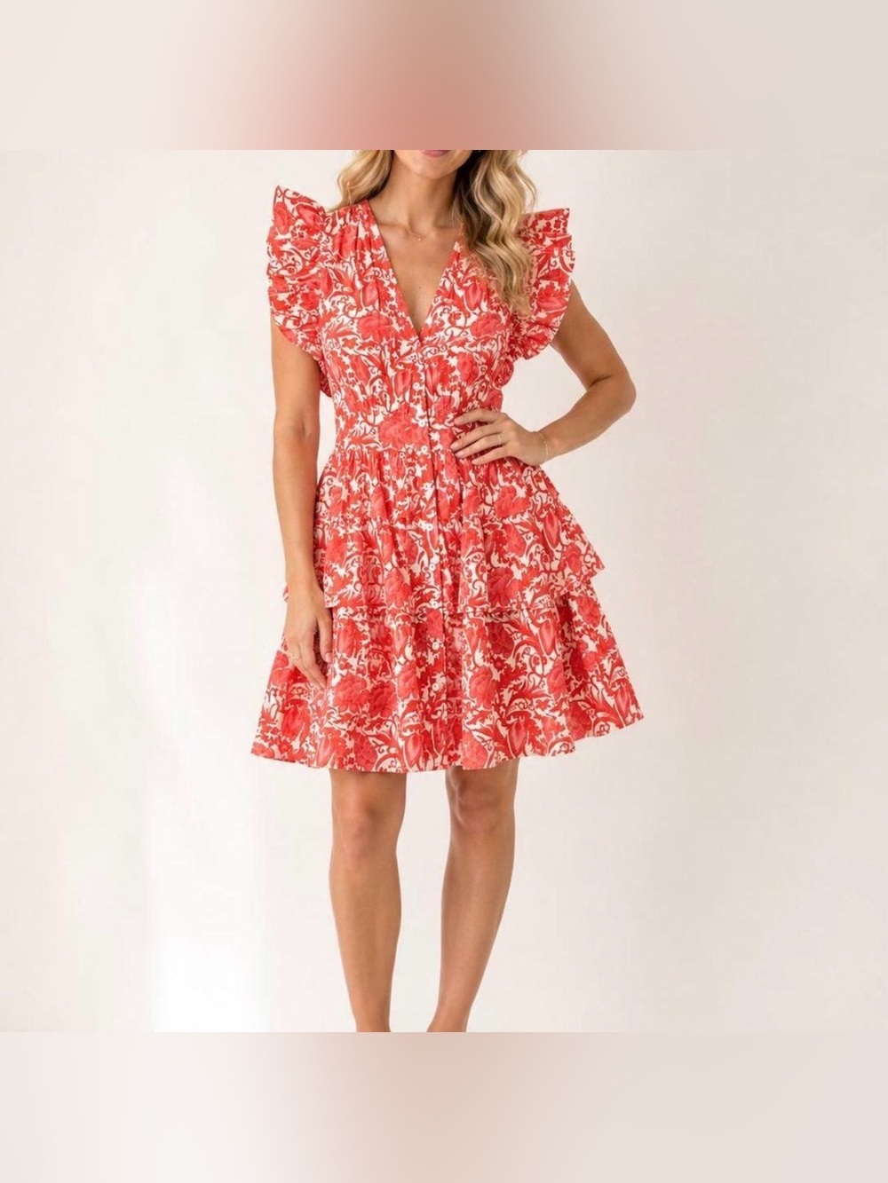 Ro’s Garden Women’s Coral Cotton Floral Ruffle Dress - Size small